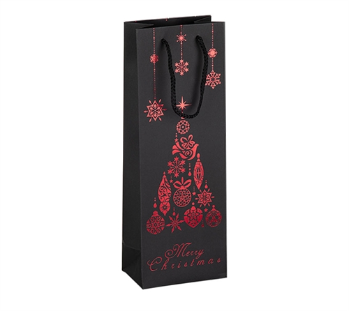 ort vinpose med røde julemønstre. Str. 36 cm høj, 12,7 cm bred og 8,3 cm dyb.
