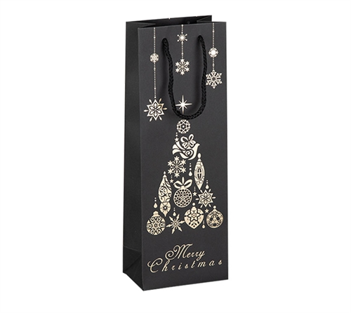 Sort vinpose med julemønstre i guld. Str. 36 cm høj, 12,7 cm bred og 8,3 cm dyb.