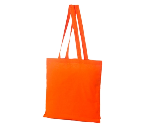 STANDARD 100 by OEKO-TEX® certificeret. Orange bomuldspose med lang hank. Størrelse 38x42 cm. 150 gr. 